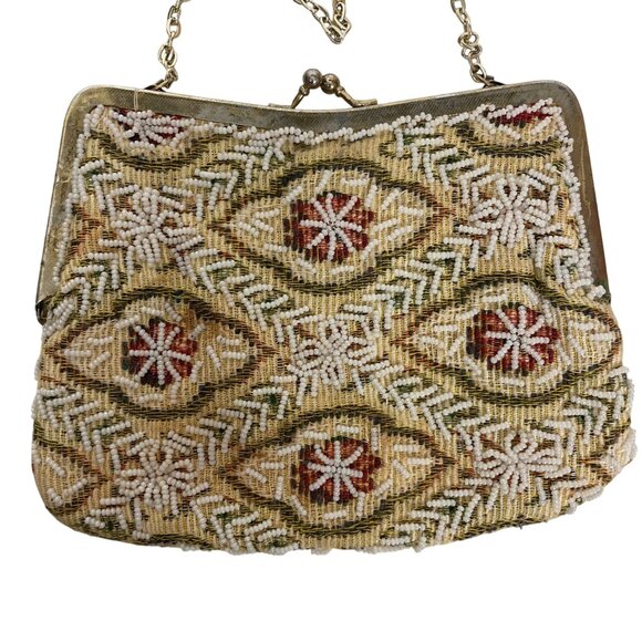 Vintage Floral Beaded Handbag Evening Bag Chain Strap Feminine Victorian Regency - Picture 3 of 10